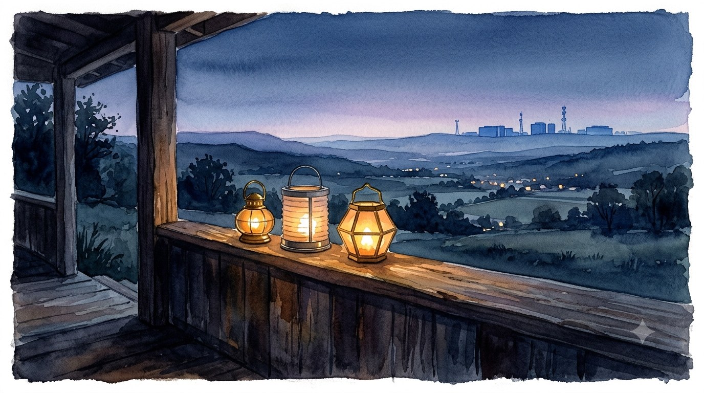 A watercolor illustration at dusk: three glowing lanterns rest side by side on the wooden railing of an elevated porch; beyond them, rolling hills fold into a hazy distant city skyline, with a scatter of small warm lights across the valley below.